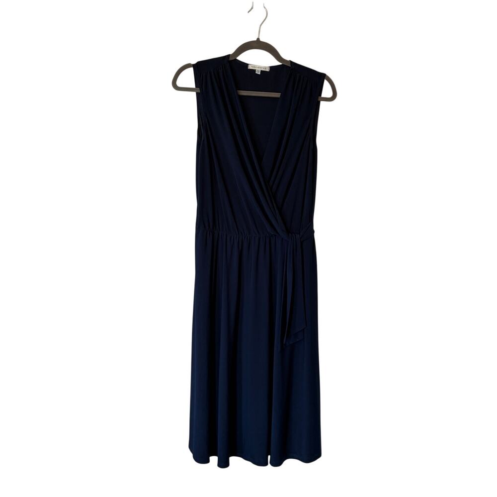 Tash + Sophie Wrap Midi Dress XL navy blue sleeveless v-neck side tie jersey